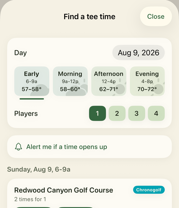 Tee times with the forecast for each time window and prices per slot