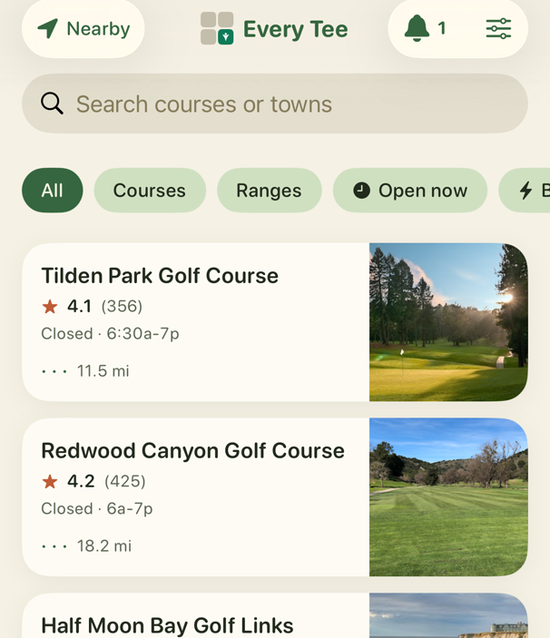 Nearby golf courses with ratings, hours and drive times